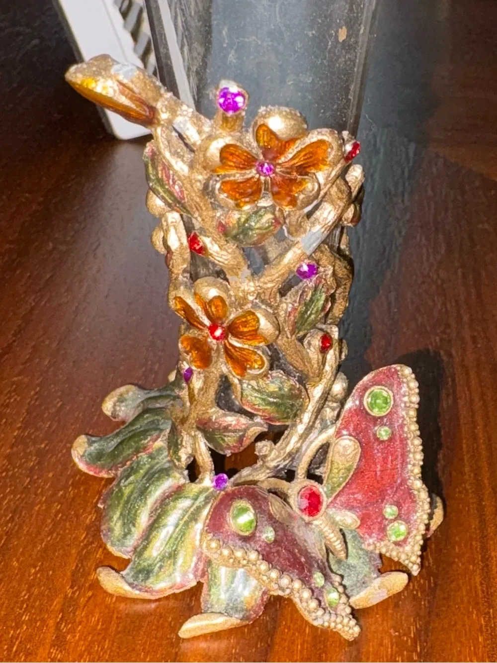 Kirks Folly Clear Glass Bud Vase with Gold Floral Jeweled Base